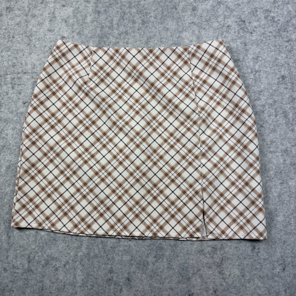 Cotton On Plaid Mini Skirt Brown Beige Check Side Slit Size L Recycled Material